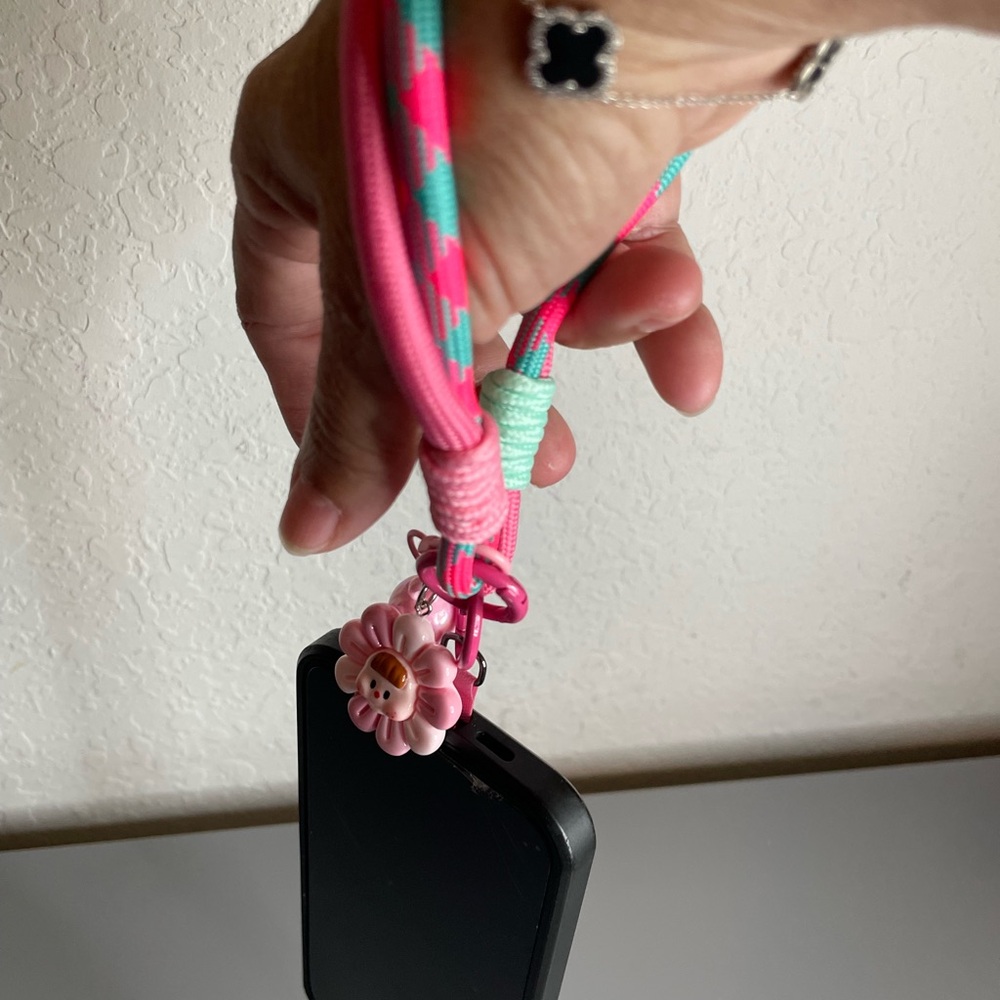 Pink & Teal Floral Charm Phone Wrist Lanyard